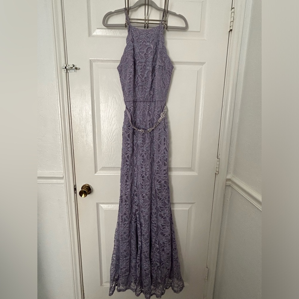 I.N. San Francisco Lilac Lace Halter Evening Gown with Chain Belt